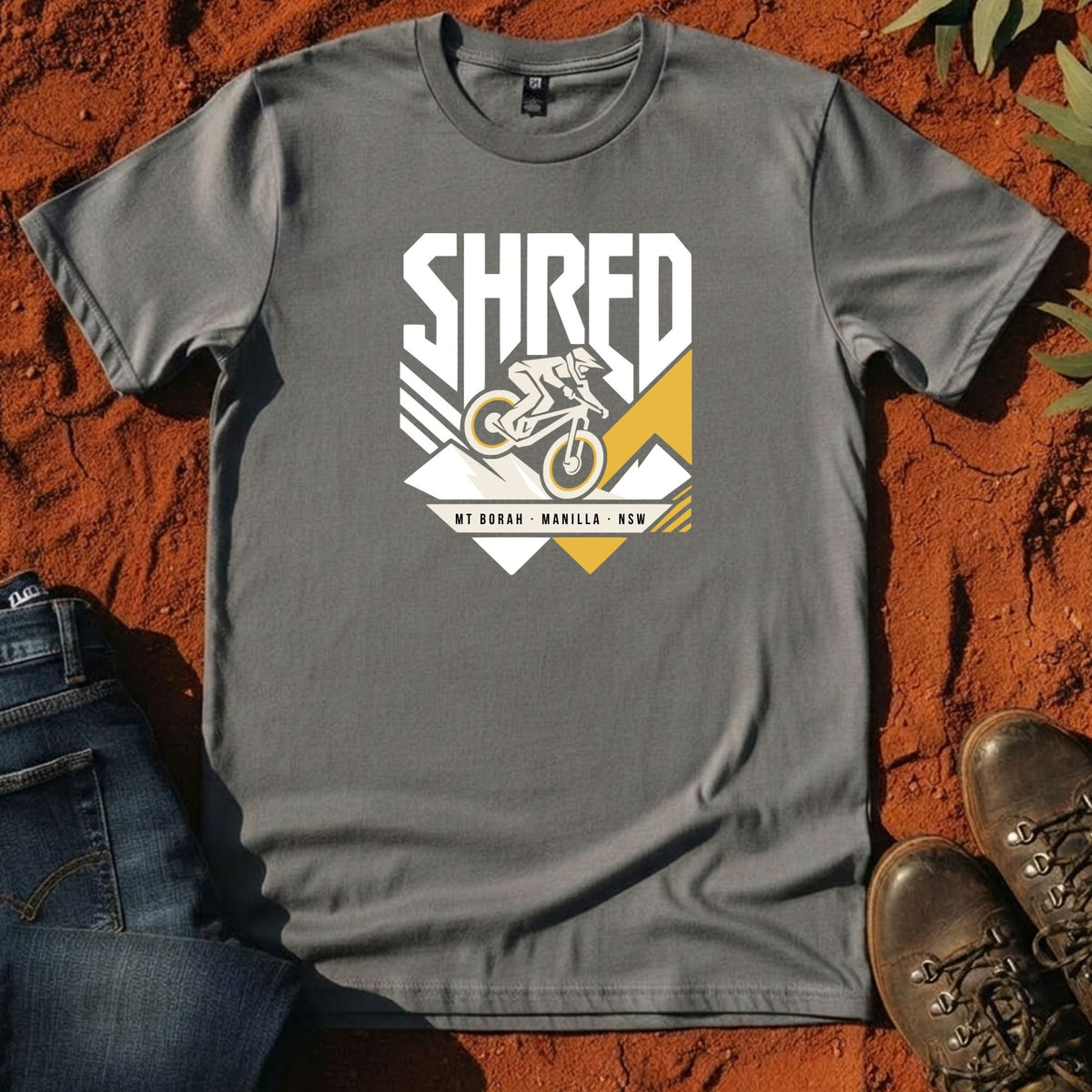 SHRED Badge Tee in Gravel — Namoi Range
