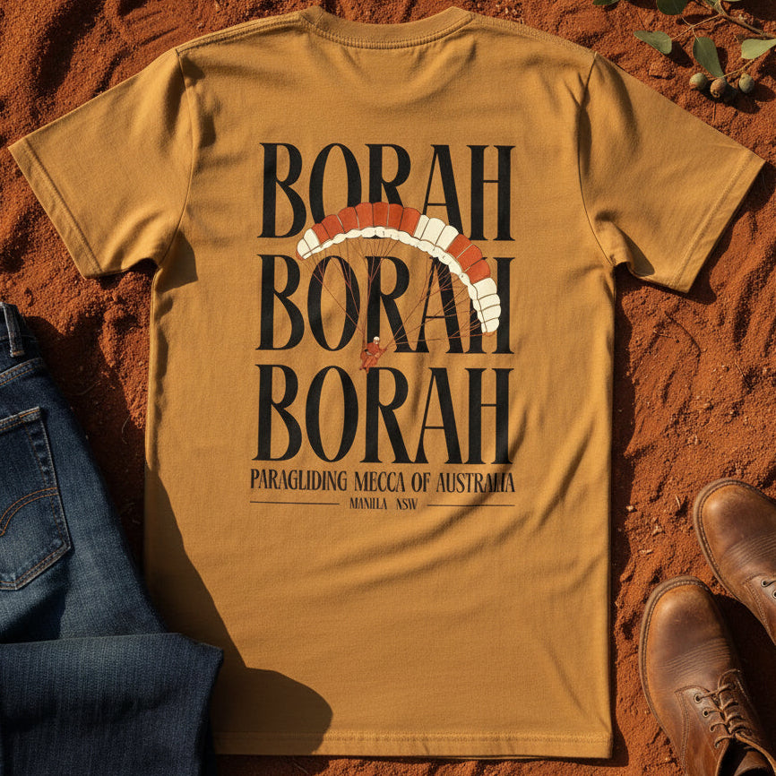 Borah Borah Borah Tee in Camel — Mt Borah Namoi Range