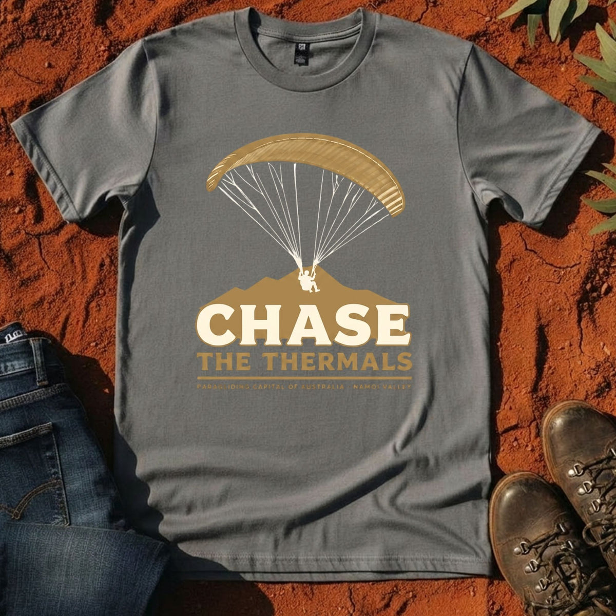 Chase the Thermals Tee in Gravel — Mt Borah Namoi Range