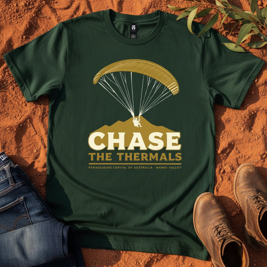 Chase the Thermals Tee in Pine Green — Mt Borah Namoi Range