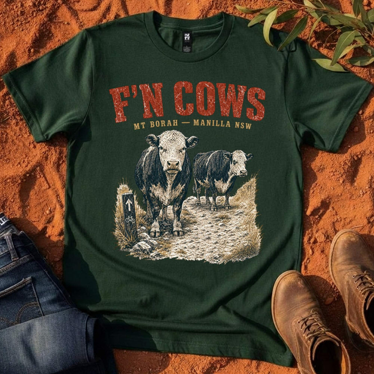 F'n Cows Tee in Pine Green — Namoi Range