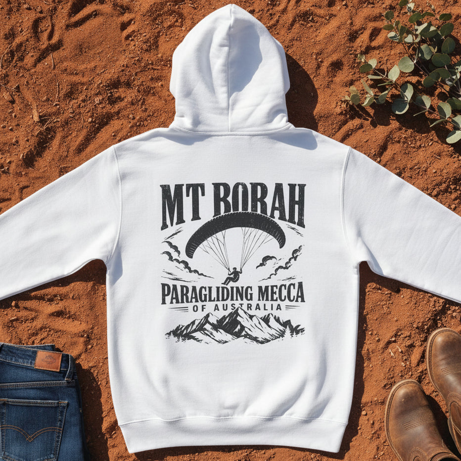 Mt Borah Paragliding Mecca Hoodie in White — Namoi Range