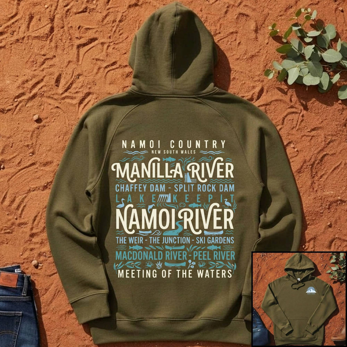 Namoi Country Meeting of the Waters Hoodie in Army — Namoi Range
