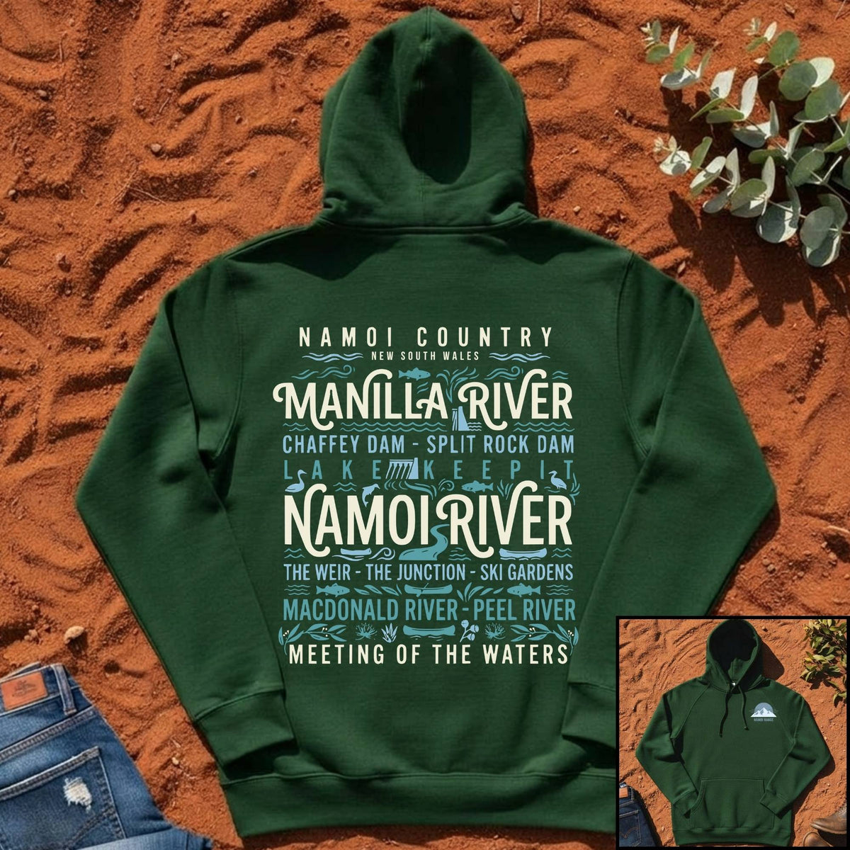 Namoi Country Meeting of the Waters Hoodie in Forest Green  — Namoi Range