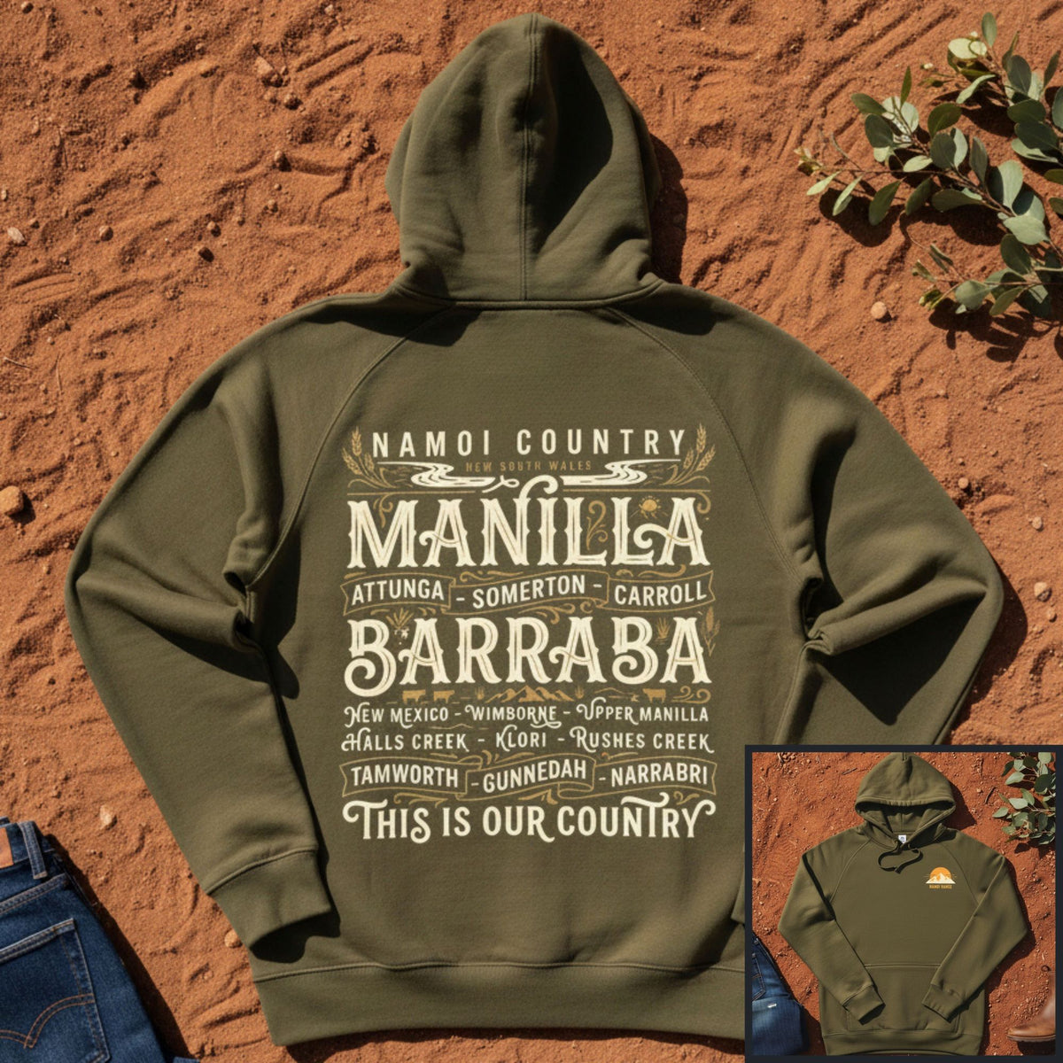 Namoi Country Towns Hoodie in Army — Namoi Range