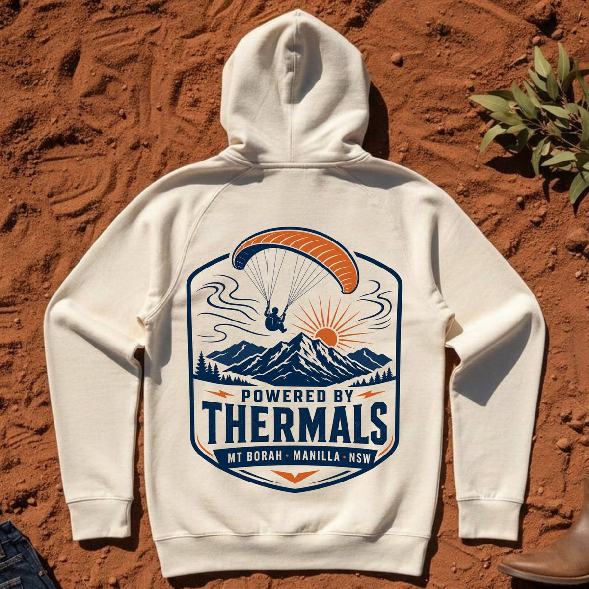Powered by Thermals Hoodie in Ecru — Mt Borah Paragliding Namoi Range