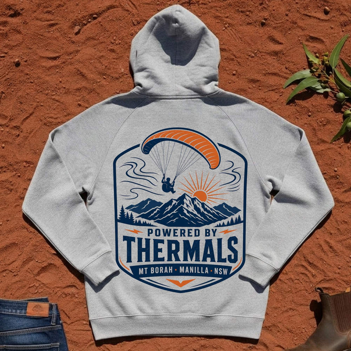 Powered by Thermals Hoodie in Grey Marle — Mt Borah Paragliding Namoi Range