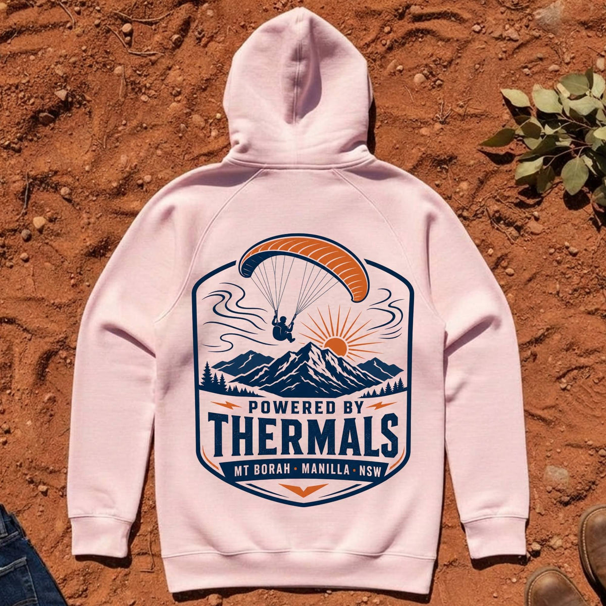 Powered by Thermals Hoodie in Pink — Mt Borah Paragliding Namoi Range