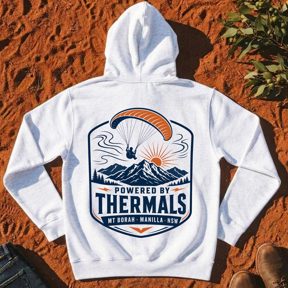 Powered by Thermals Hoodie in White Marle — Mt Borah Paragliding Namoi Range