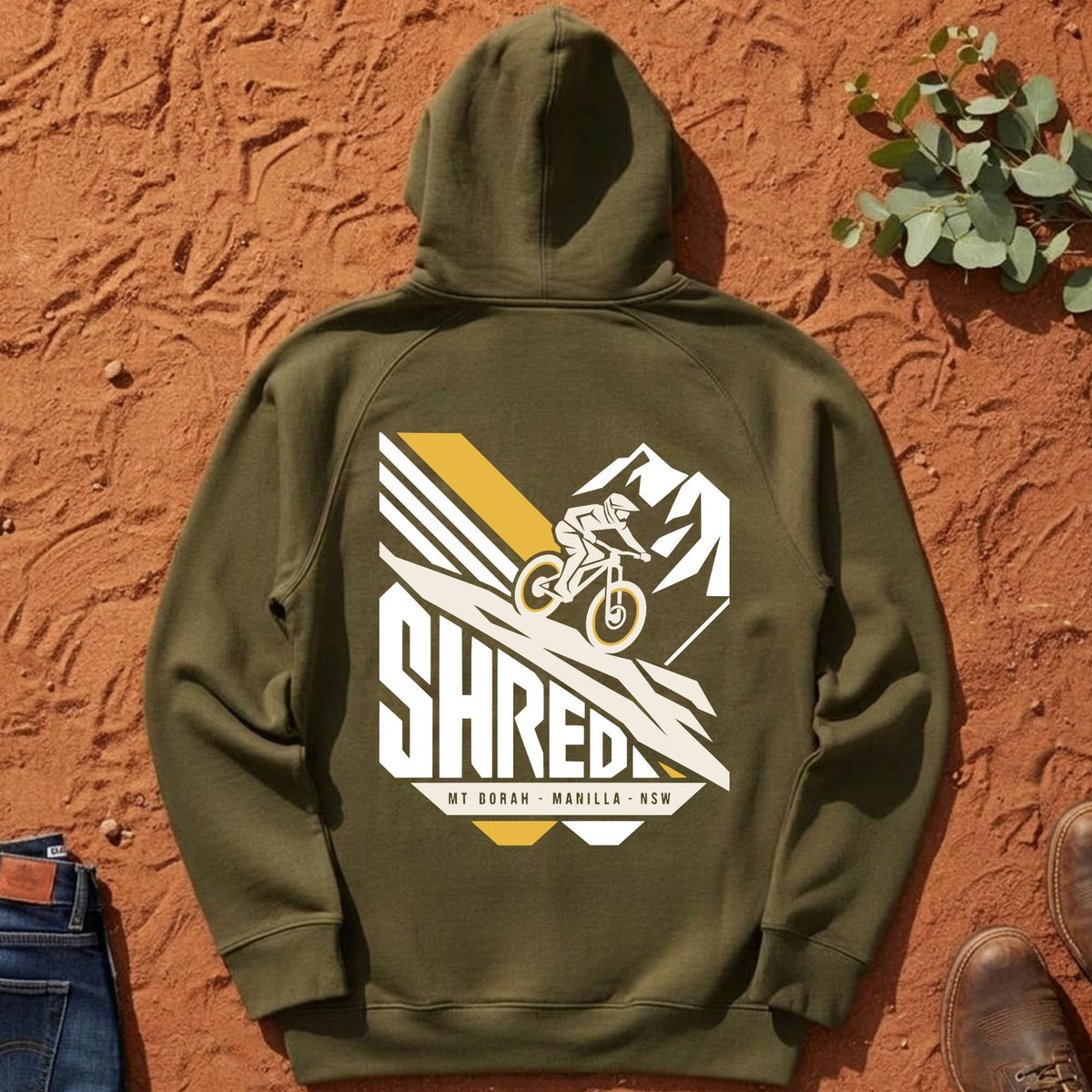 SHRED Badge Hoodie Back Print in Army — Namoi Range