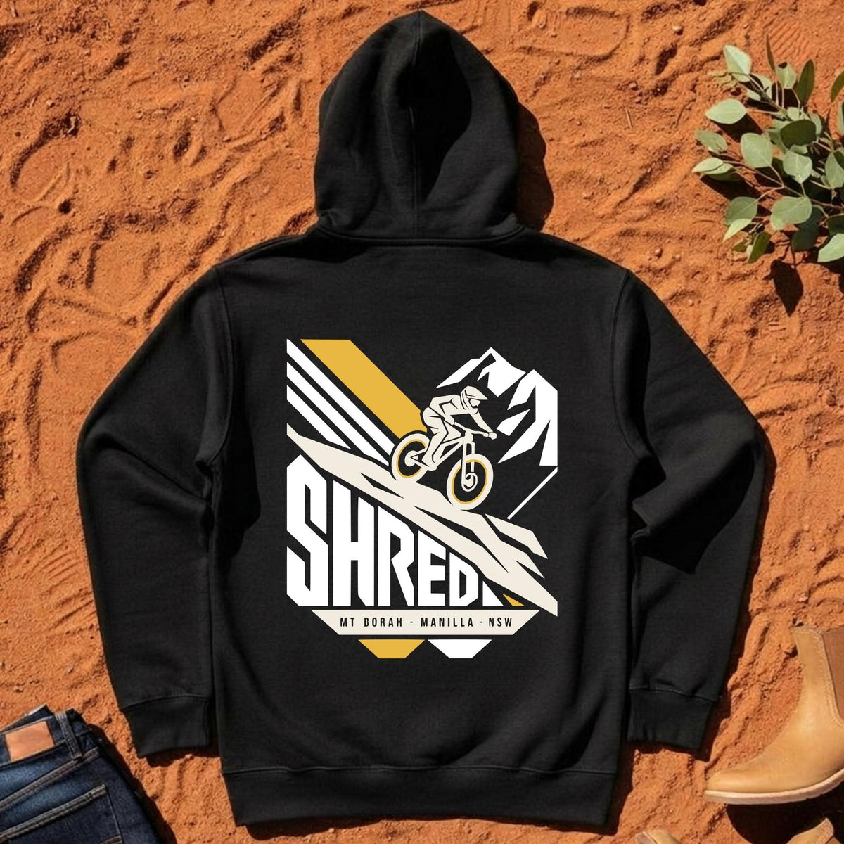 SHRED Badge Hoodie Back Print in Black — Namoi Range
