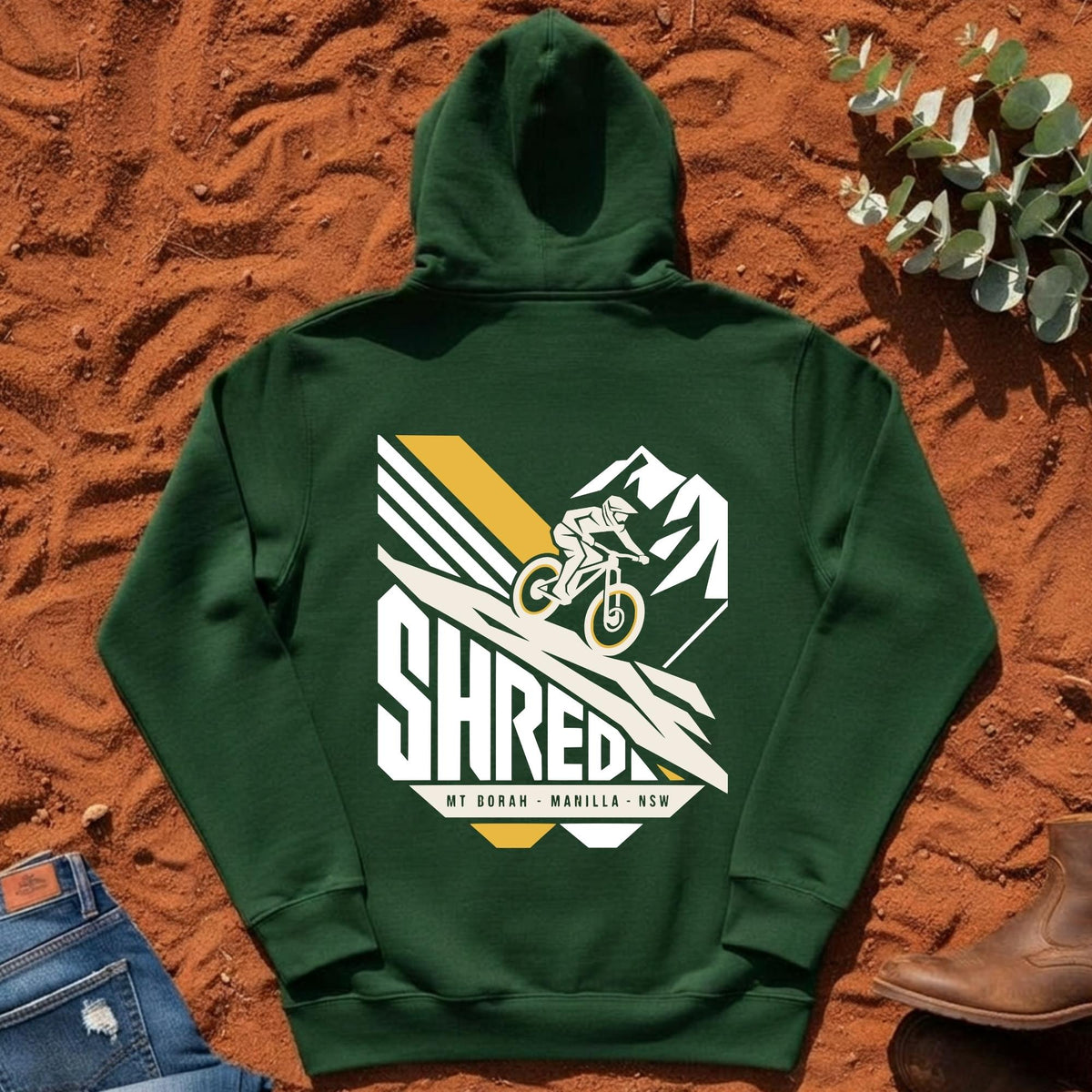 SHRED Badge Hoodie Back Print in Forest Green — Namoi Range