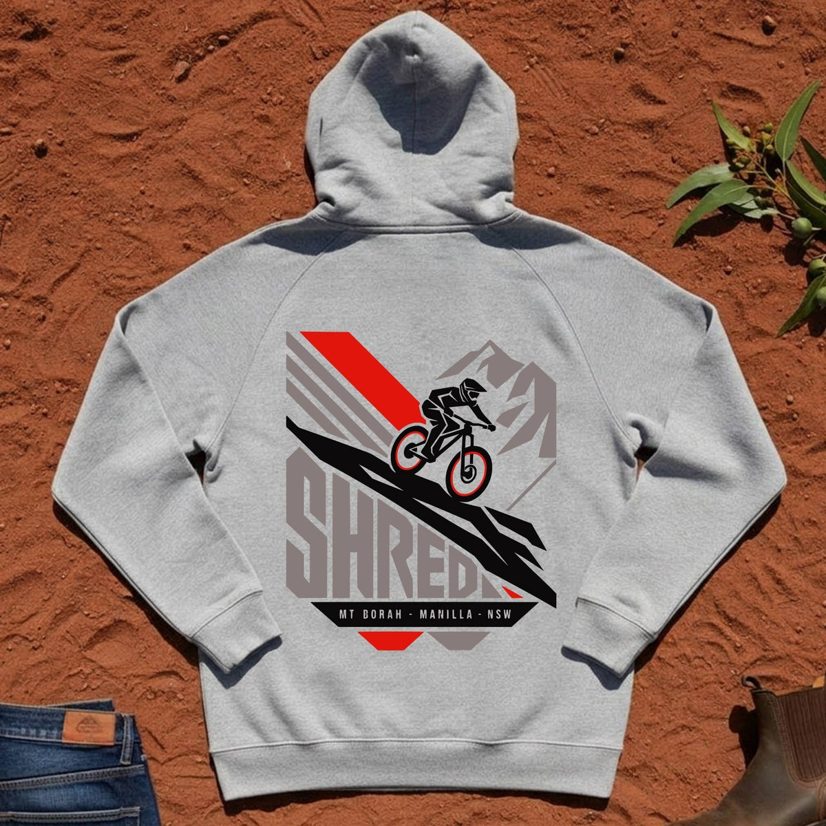 SHRED Badge Hoodie Back Print in Grey Marle — Namoi Range
