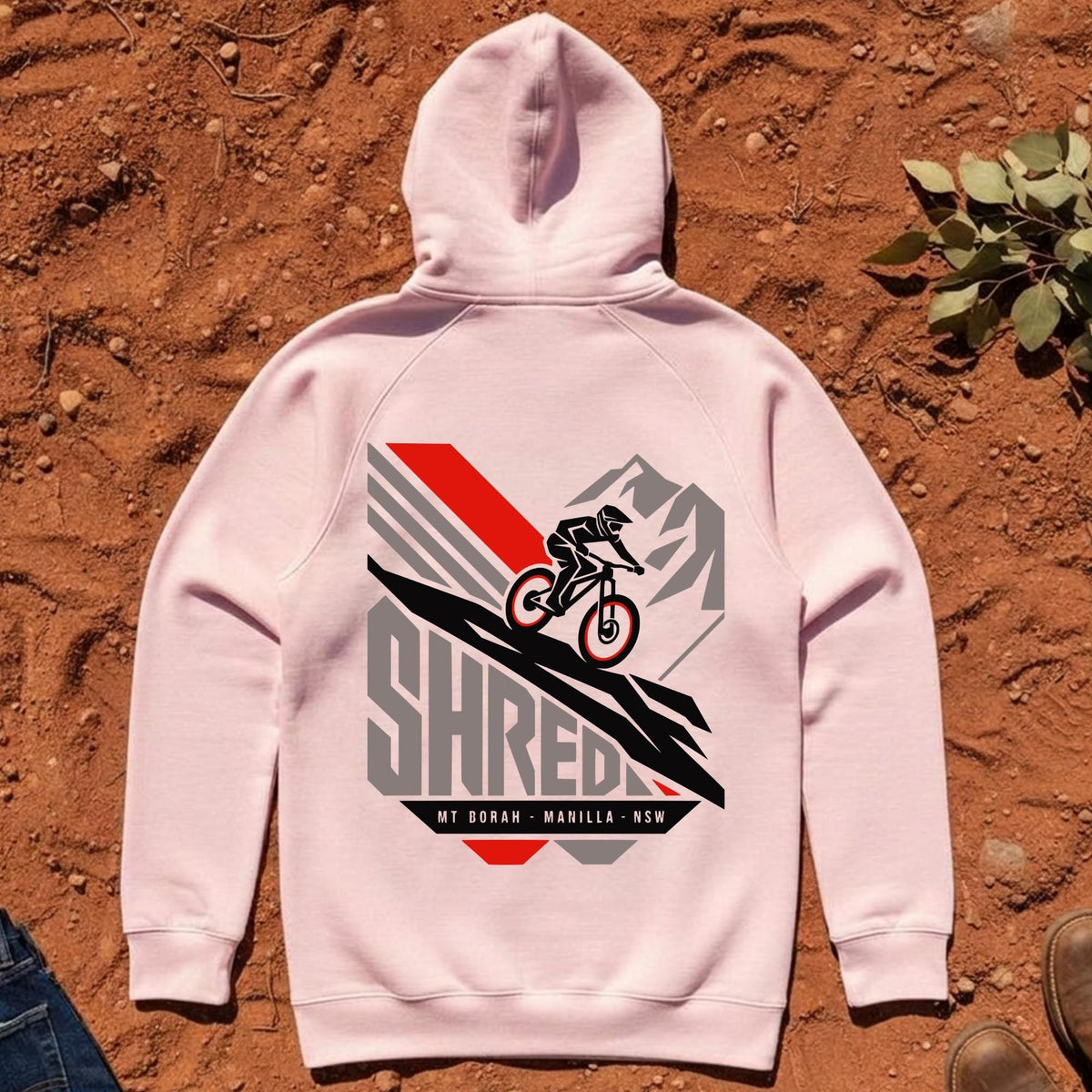 SHRED Badge Hoodie Back Print in Pink — Namoi Range