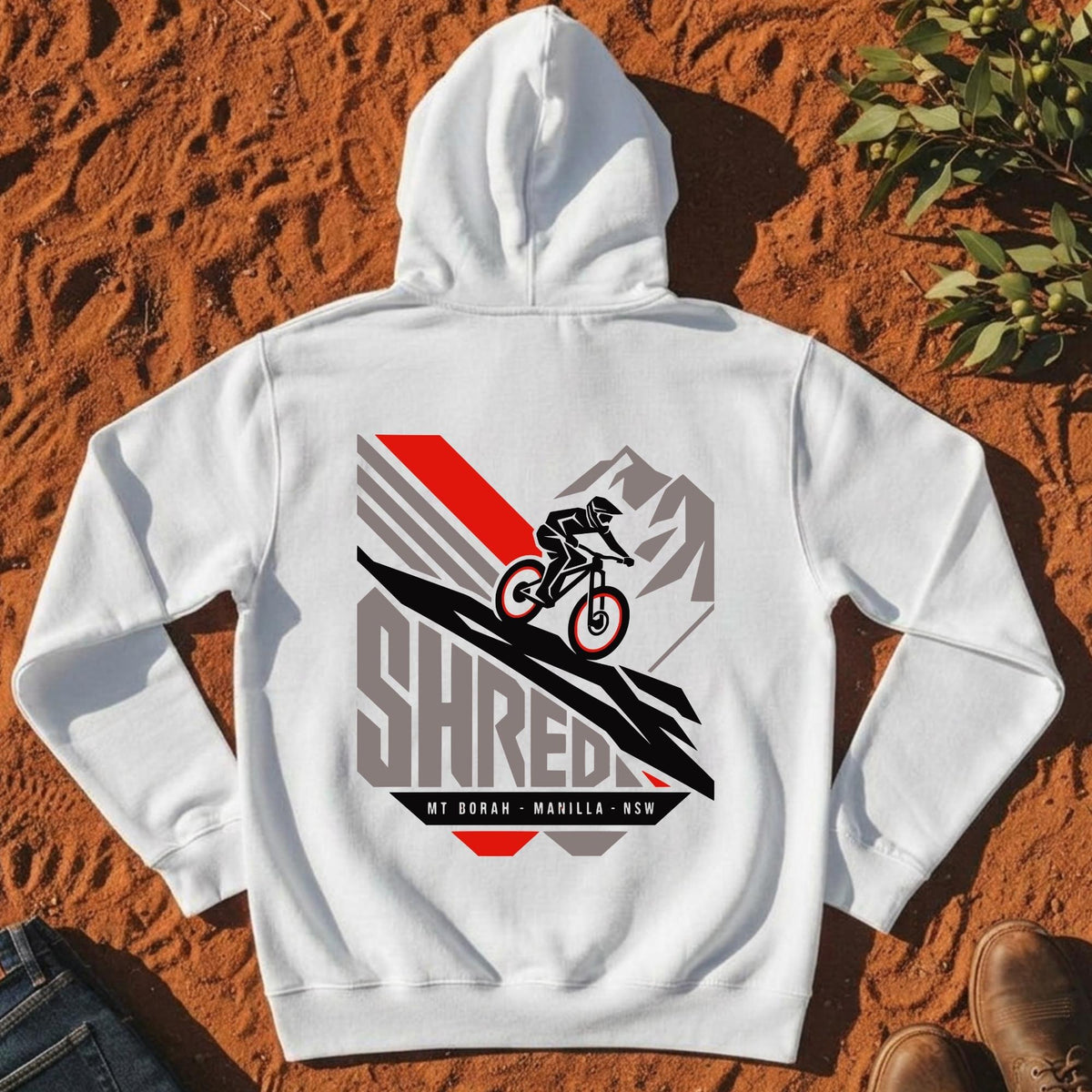 SHRED Badge Hoodie Back Print in White — Namoi Range
