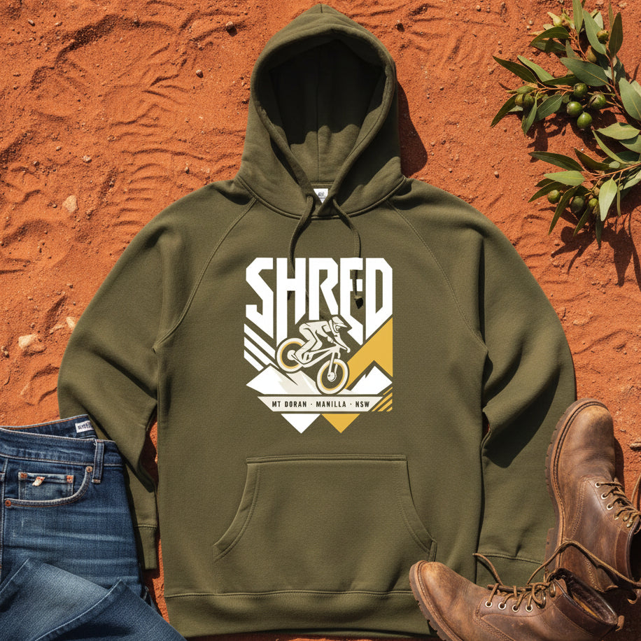 SHRED Badge Hoodie Front Print in Army — Namoi Range