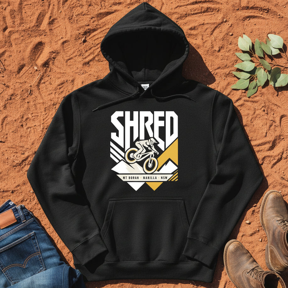 SHRED Badge Hoodie Front Print in Black — Namoi Range