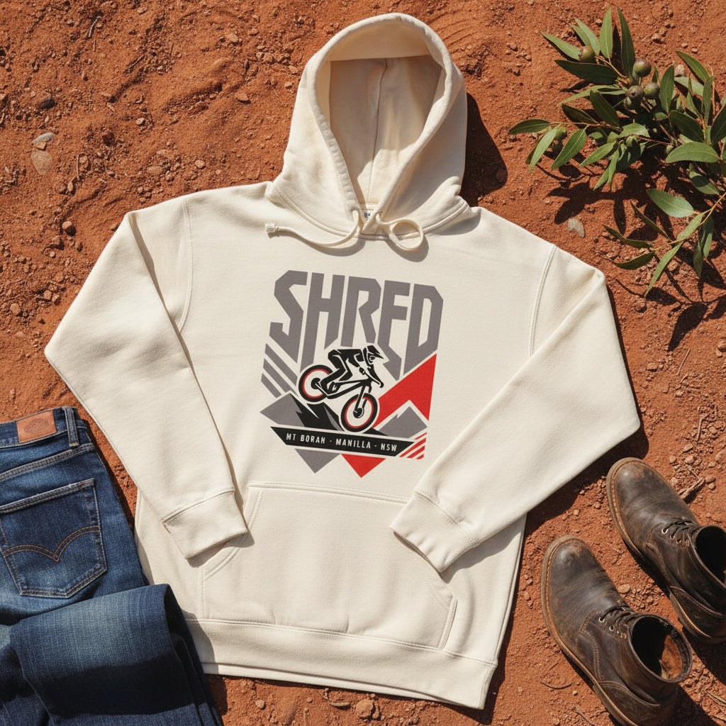 SHRED Badge Hoodie Front Print in Ecru — Namoi Range
