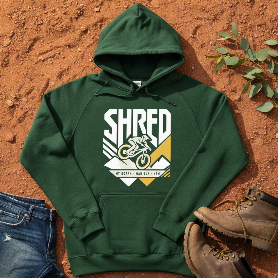 SHRED Badge Hoodie Front Print in Forest Green — Namoi Range