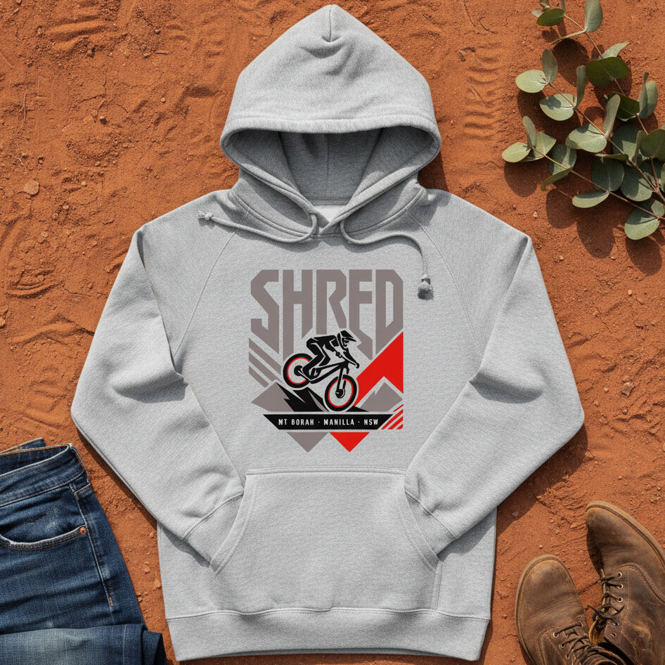 SHRED Badge Hoodie Front Print in Grey Marle — Namoi Range