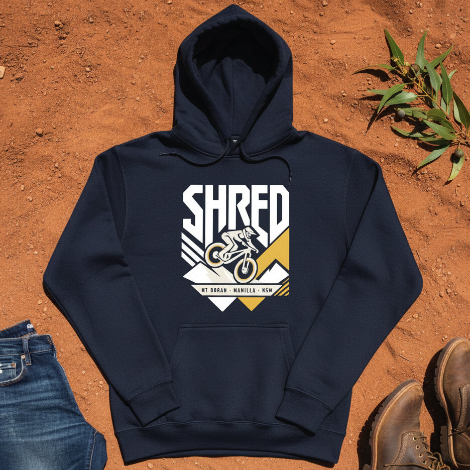 SHRED Badge Hoodie Front Print in Navy — Namoi Range
