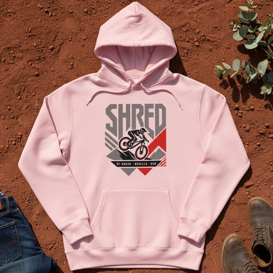 SHRED Badge Hoodie Front Print in Pink — Namoi Range