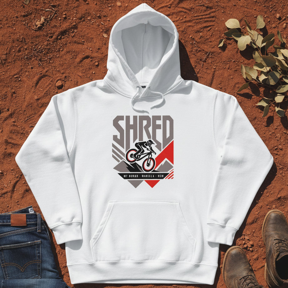 SHRED Badge Hoodie Front Print in White — Namoi Range