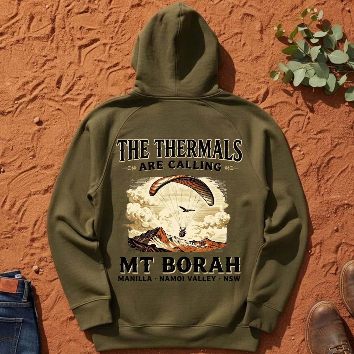 The Thermals Are Calling Hoodie in Army — Mt Borah Namoi Range

