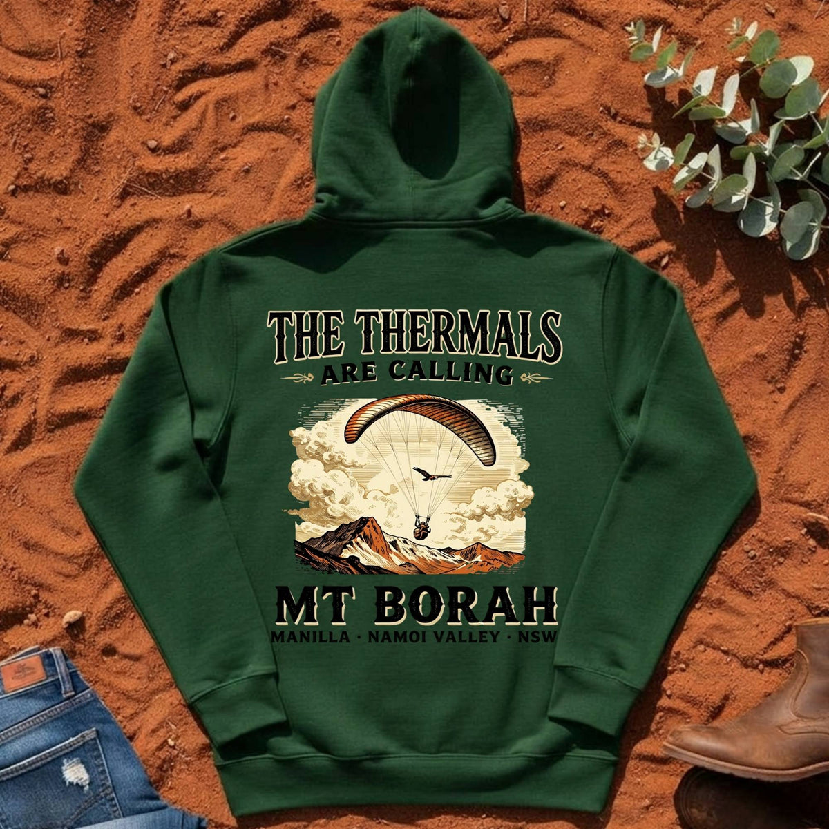 The Thermals Are Calling Hoodie in Forest Green — Mt Borah Namoi Range