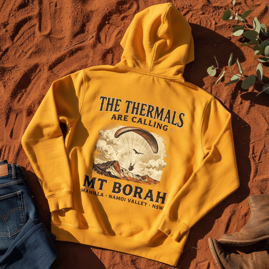 The Thermals Are Calling Hoodie in Gold — Mt Borah Namoi Range