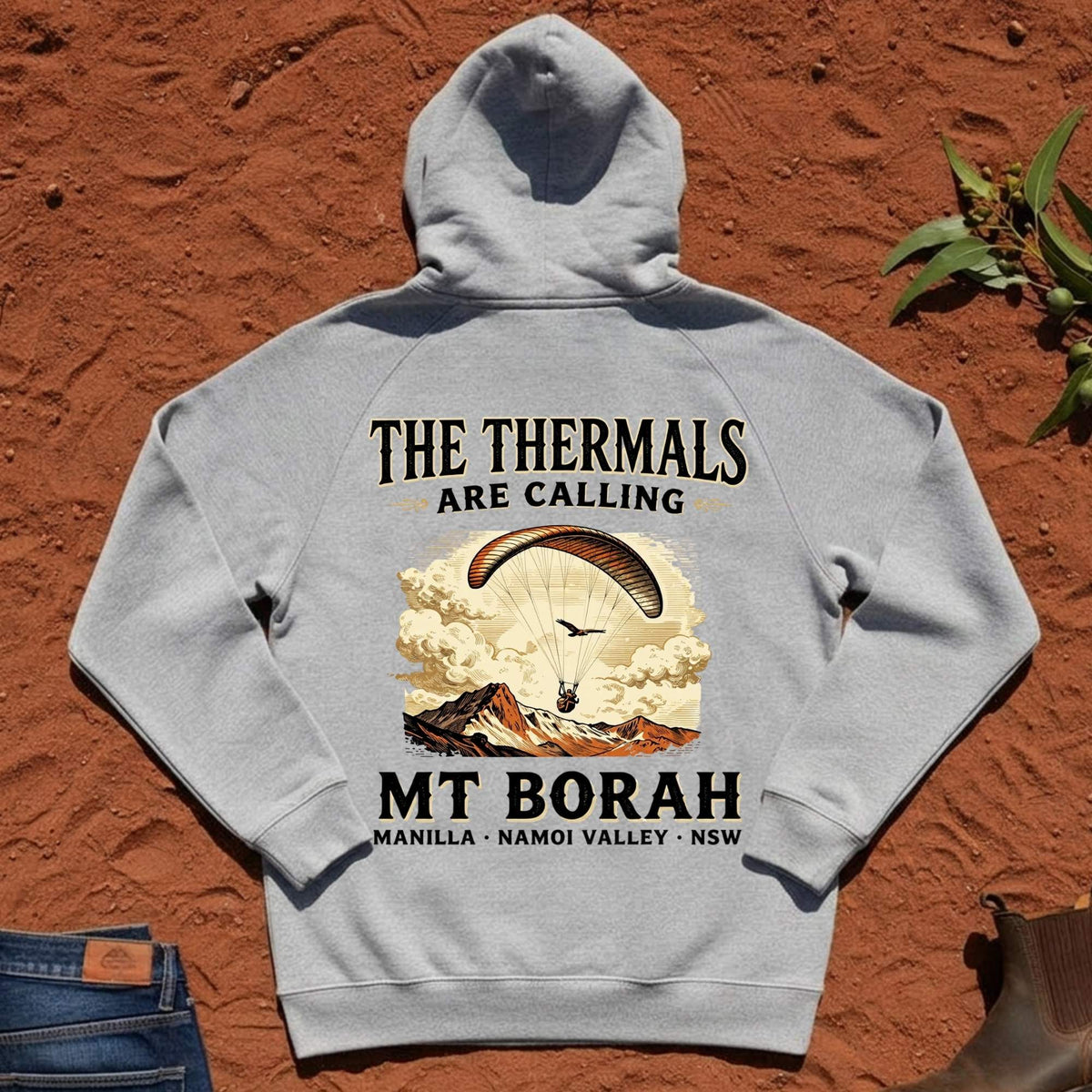 The Thermals Are Calling Hoodie in Grey Marle — Mt Borah Namoi Range