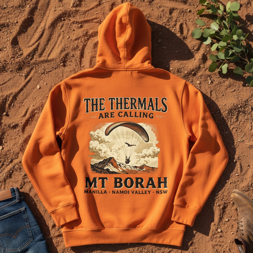 The Thermals Are Calling Hoodie in Orange — Mt Borah Namoi Range