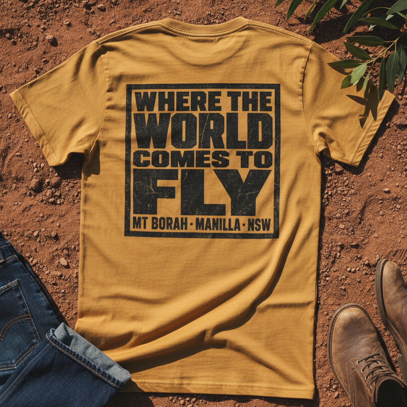 Where the World Comes to Fly Back Tee in Camel — Namoi Range