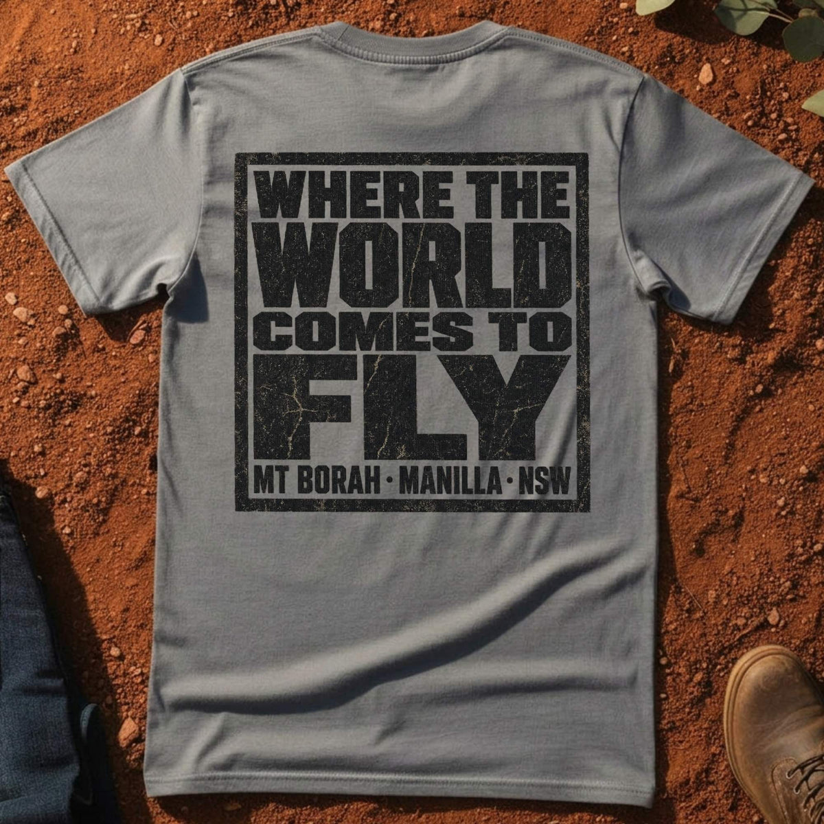 Where the World Comes to Fly Back Tee in Gravel — Namoi Range