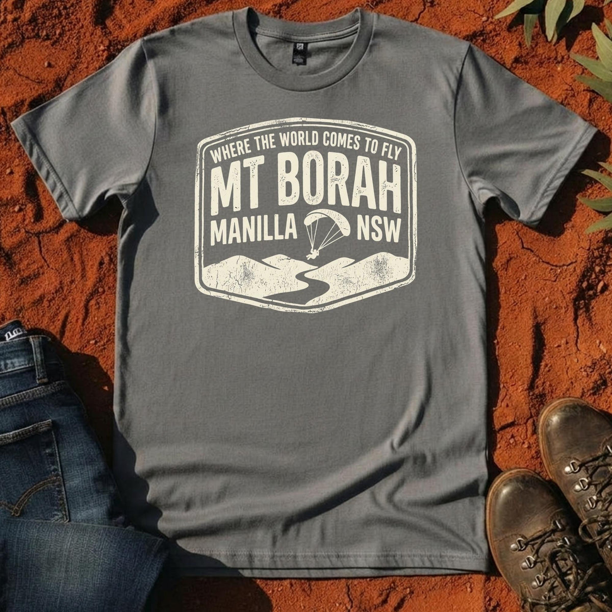 Where the World Comes to Fly Tee in Gravel — Namoi Range
