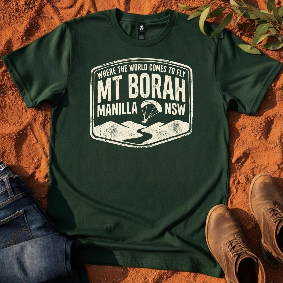 Where the World Comes to Fly Tee in Pine Green — Namoi Range